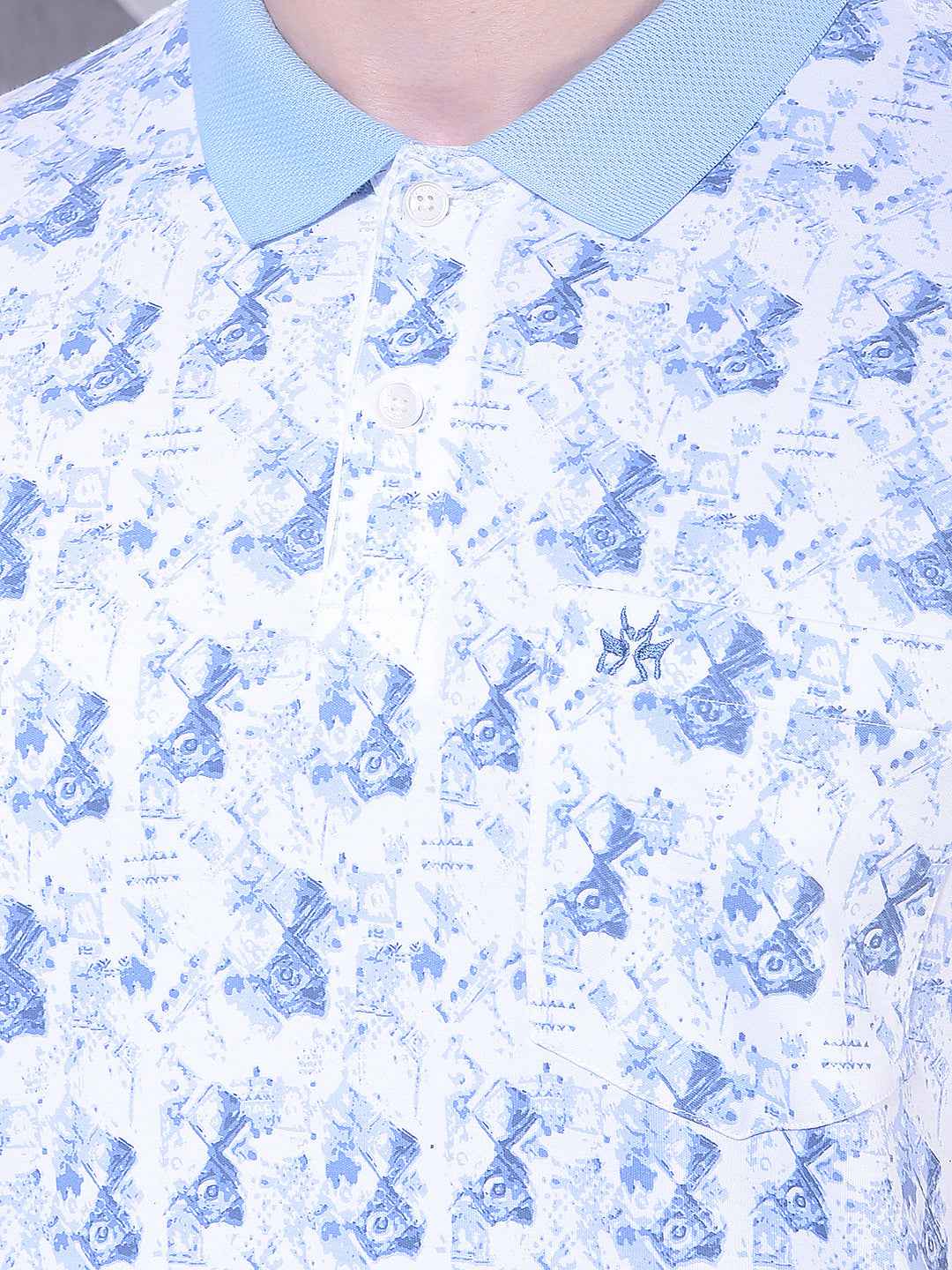 Blue 100% Cotton Geometric Print Polo T-Shirt