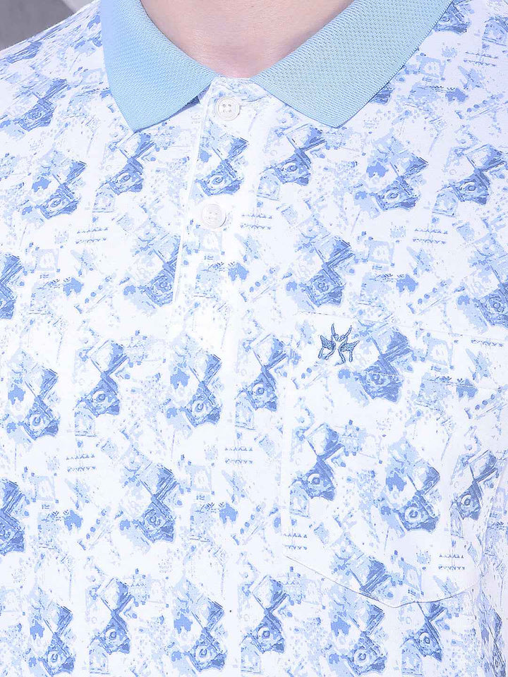 Blue 100% Cotton Geometric Print Polo T-Shirt