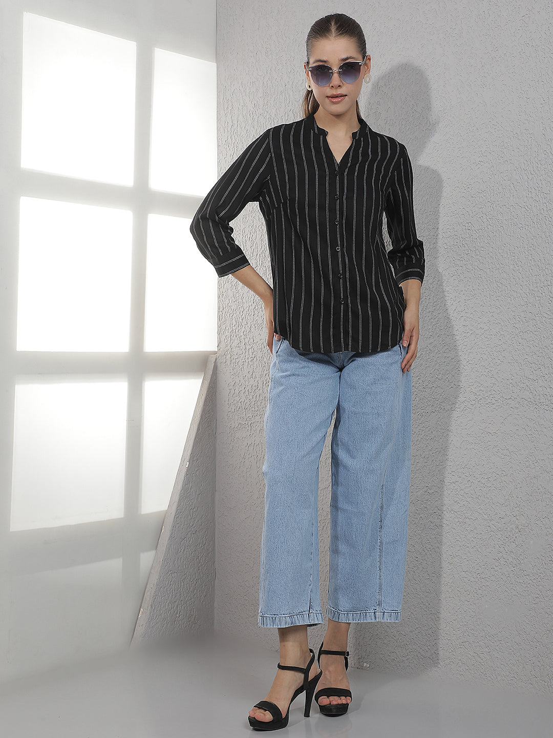Black Vertical Stripes V-Neck Shirt