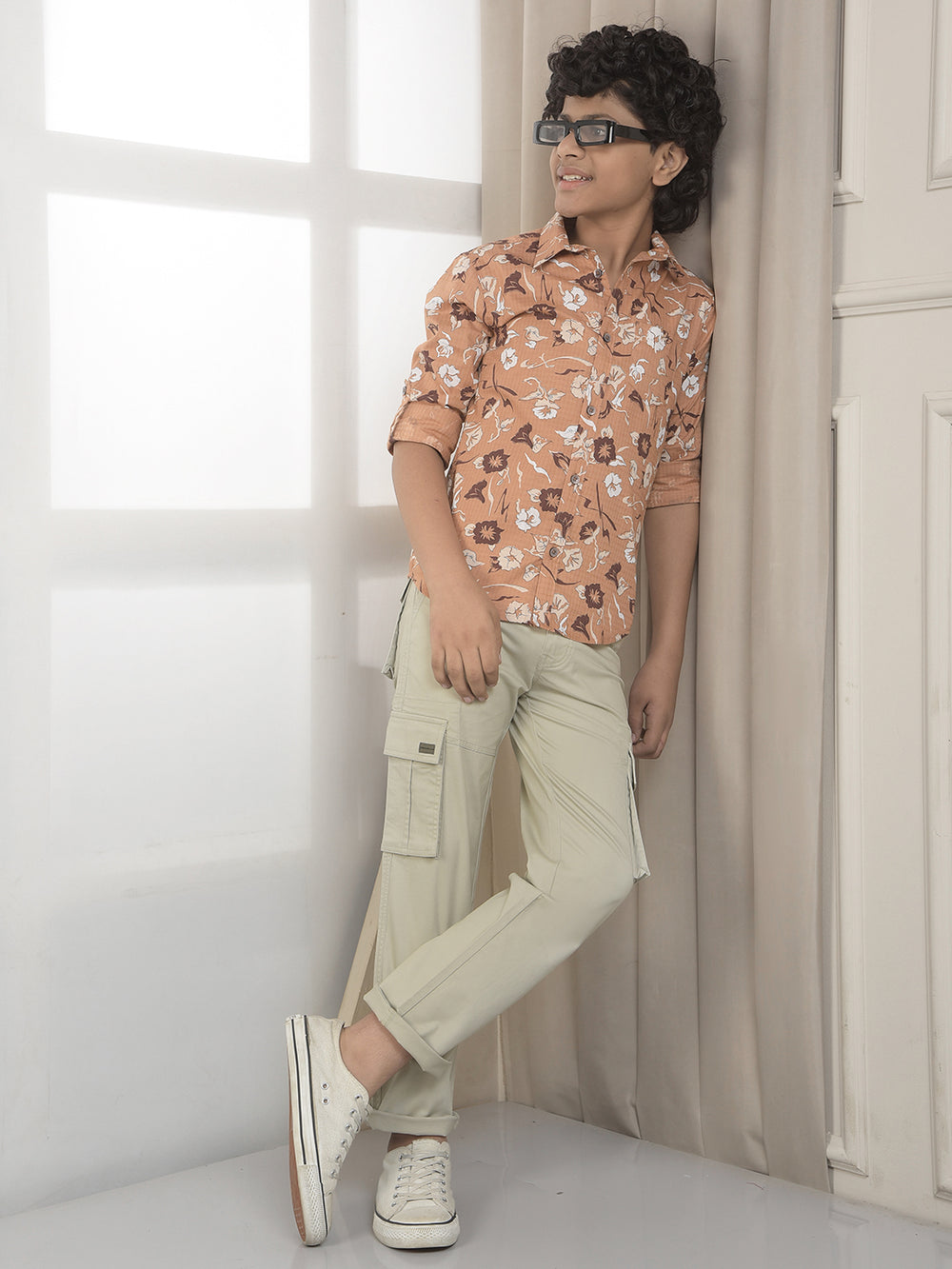 Brown Cotton Floral Print Shirt