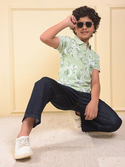 Green Floral Print Polo Neck T-Shirt