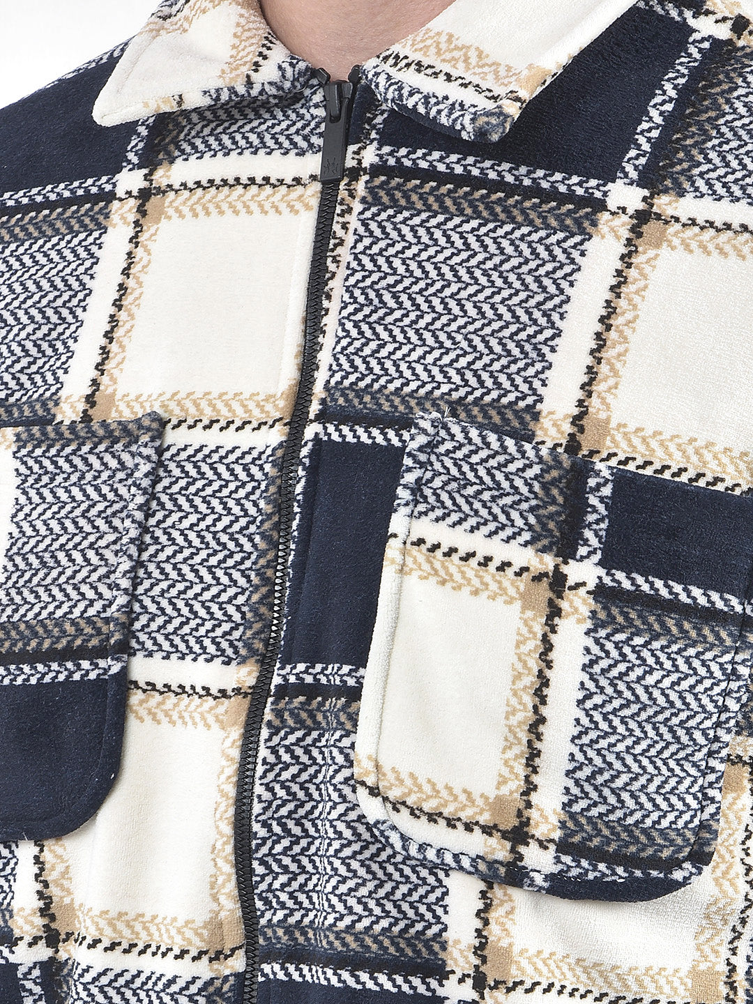 Navy Blue Checked Zip-Up Shacket