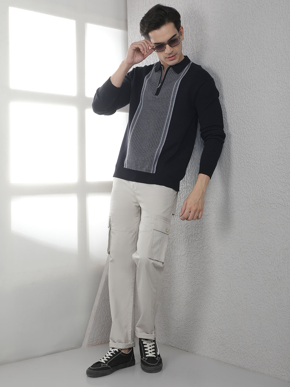 Black Verical Stripes Polo Sweater