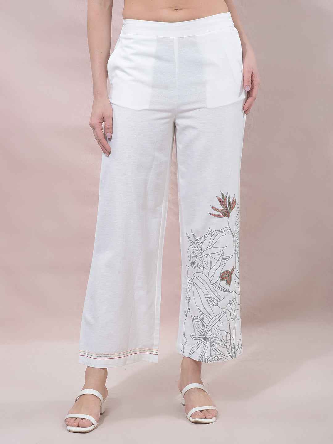 Off White Embroidered Wide Leg Casual Trousers