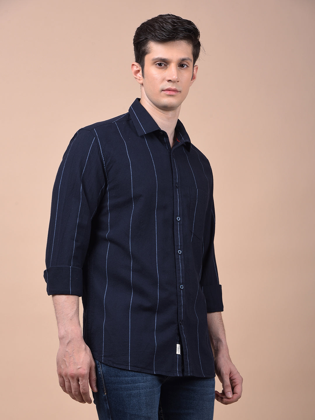 Navy Blue Vertical Stripes 100% Cotton Shirt
