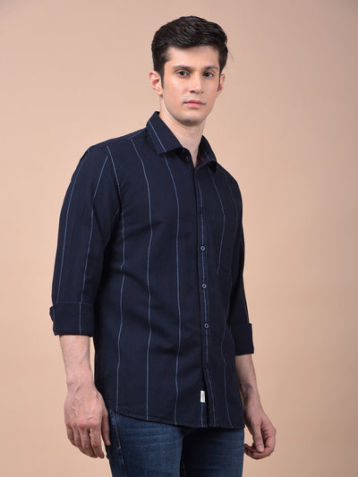 Navy Blue Vertical Stripes 100% Cotton Shirt