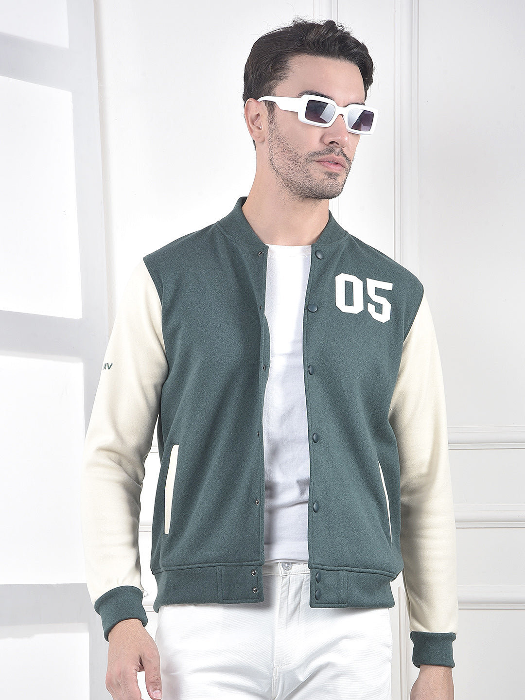 Green Color-Block Varsity Jacket