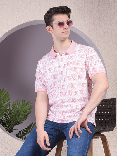 Pink Printed Polo Neck 100% Cotton T-Shirt