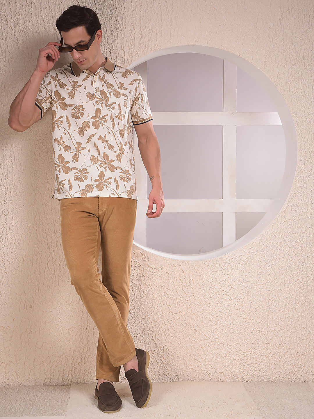 Beige Floral Print Polo Neck T-Shirt