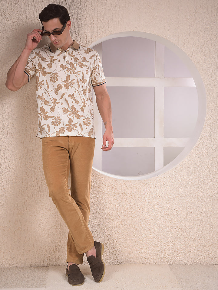 Beige Floral Print Polo Neck T-Shirt
