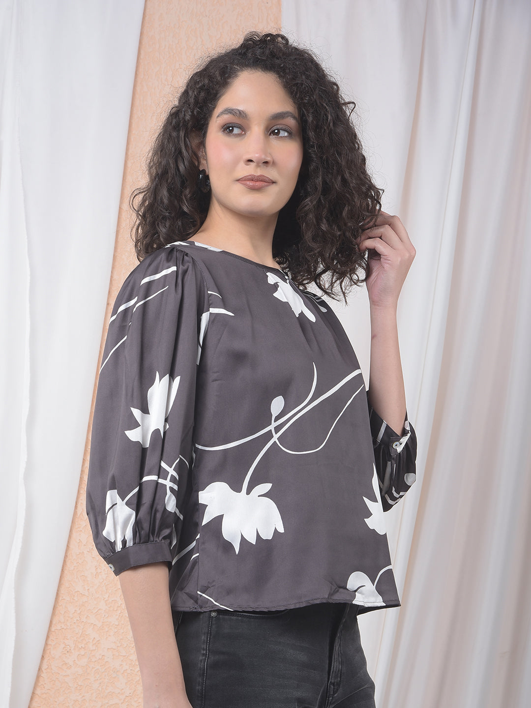 White Floral Printed Satin Finish Top