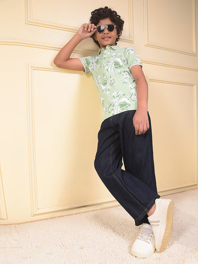 Green Floral Print Polo Neck T-Shirt