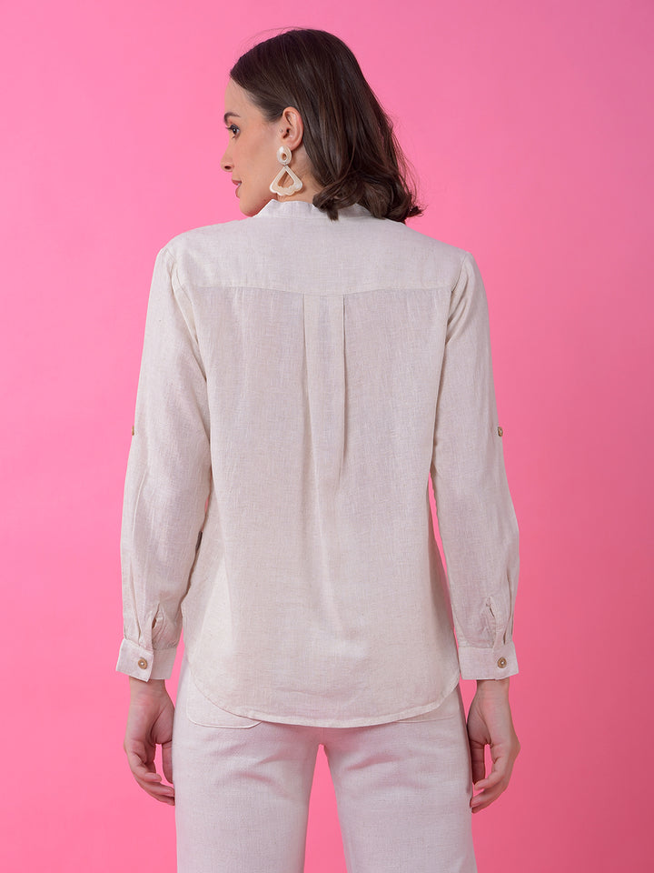 Off White V-Neck Linen Shirt