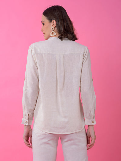 Off White V-Neck Linen Shirt