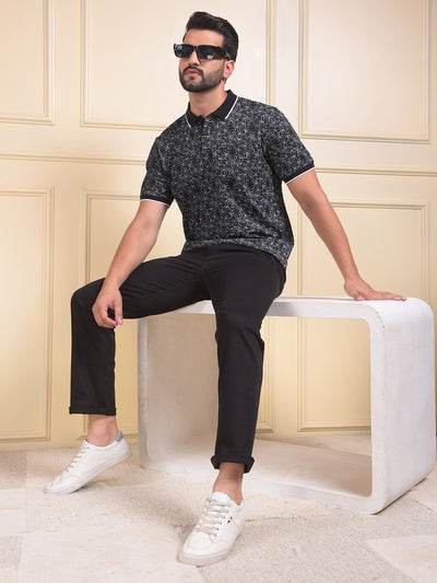 Black Printed Polo Neck T-Shirt