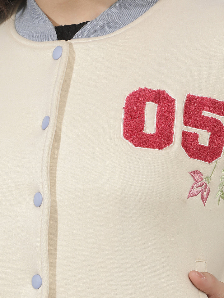 Cream Embellished Varsity Shacket