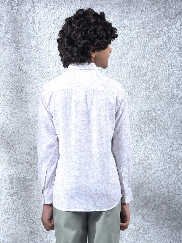 Beige Floral Print Linen Shirt