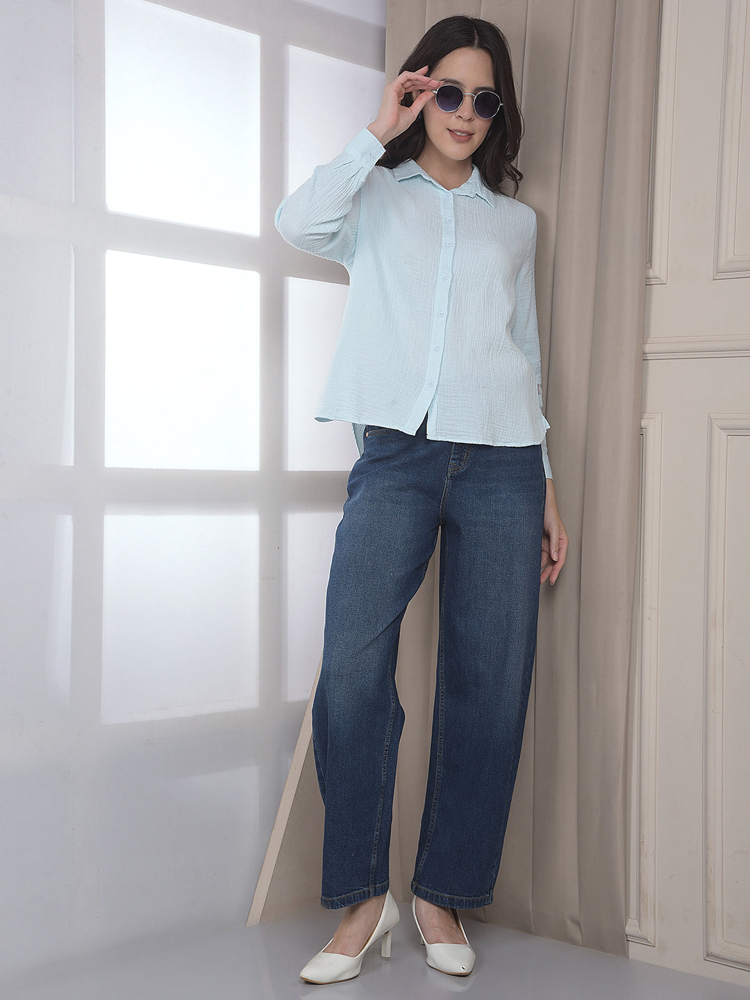 Blue Textured 100% Cotton Shirt