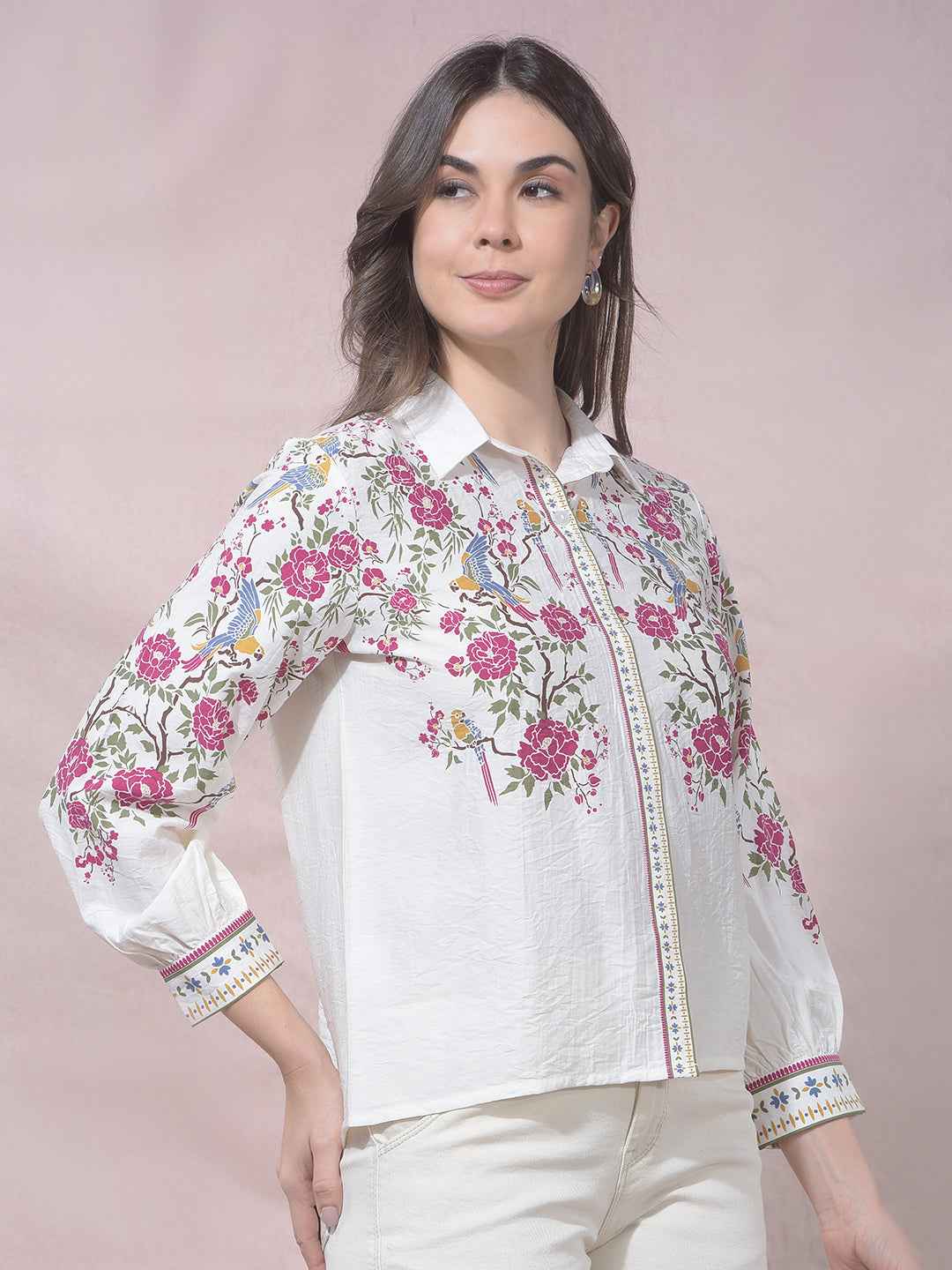 Off White Floral Print Shirt