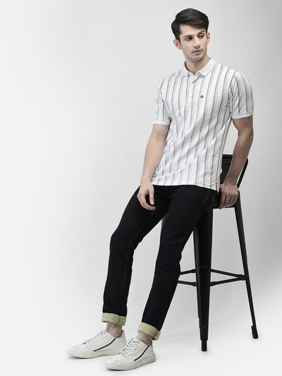 White Vertical Stripes Polo Neck T-Shirt