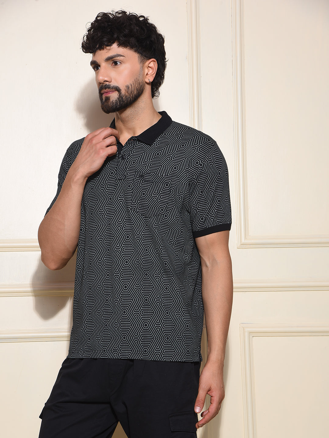Black Printed Polo-Neck T-Shirt