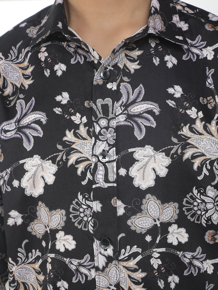 Black 100% Cotton Floral Print Shirt