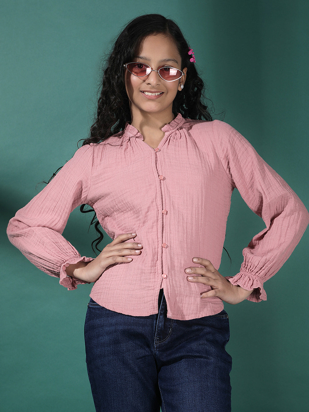 Pink Textured V-Neck Top