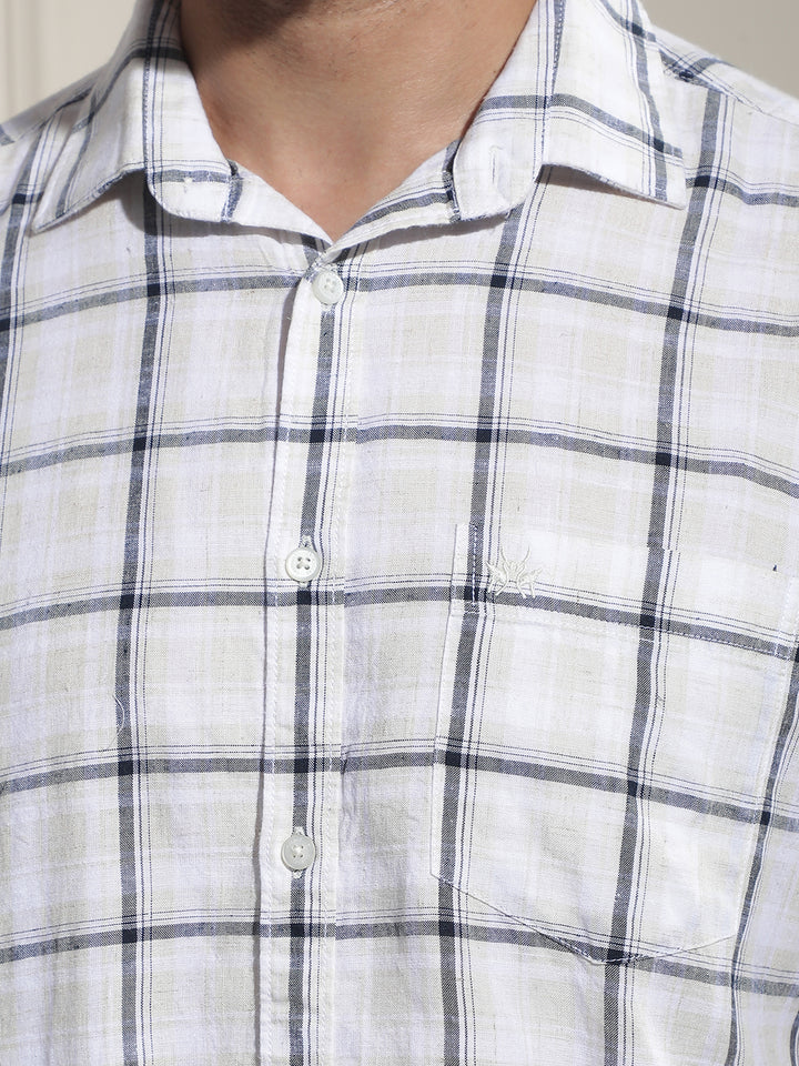 Navy Blue Checked Linen Shirt