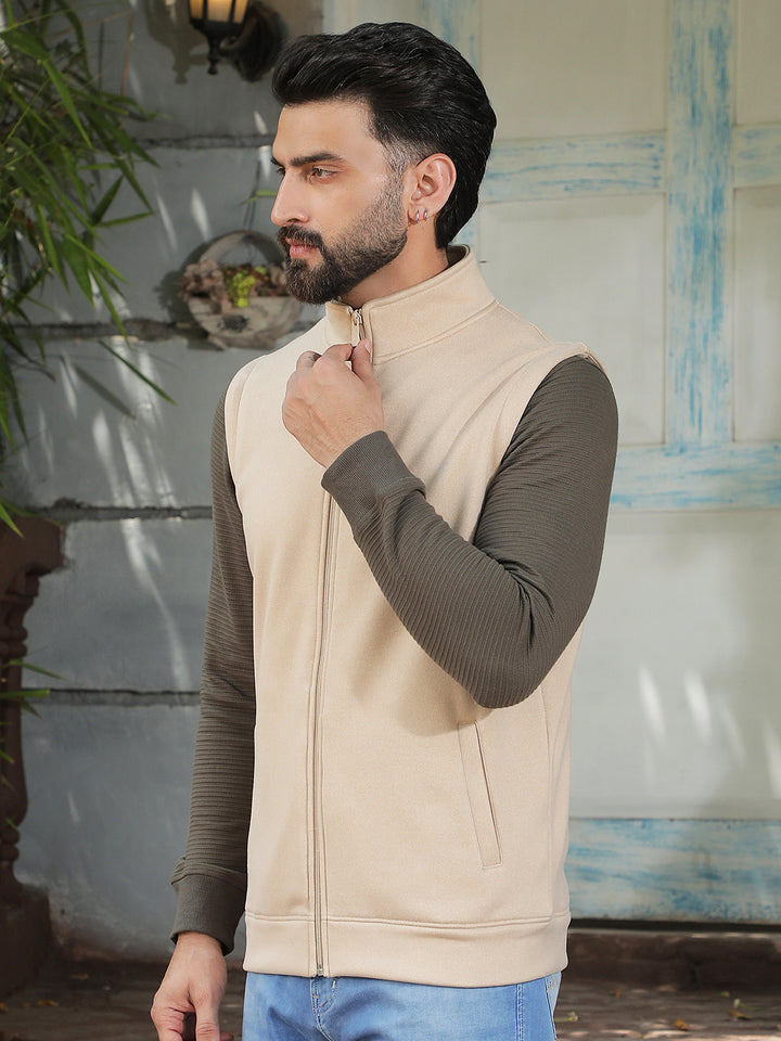 Beige High Neck Sleeveless Sweatshirt