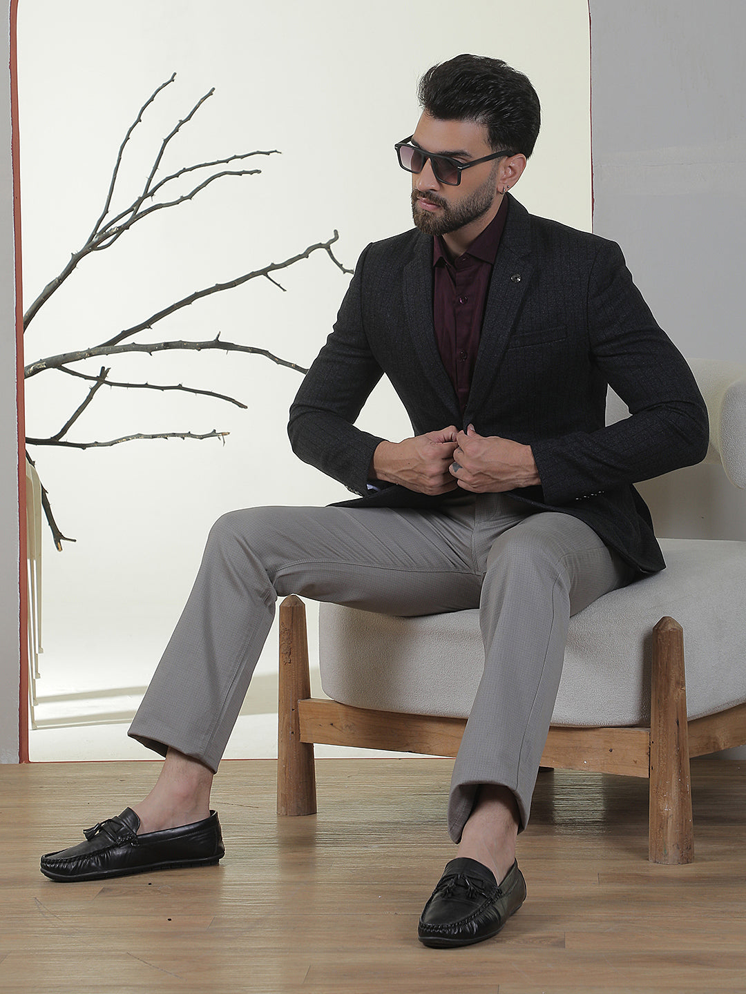 Grey Vertical Stripes Single Breasted Notch Lapel Blazer