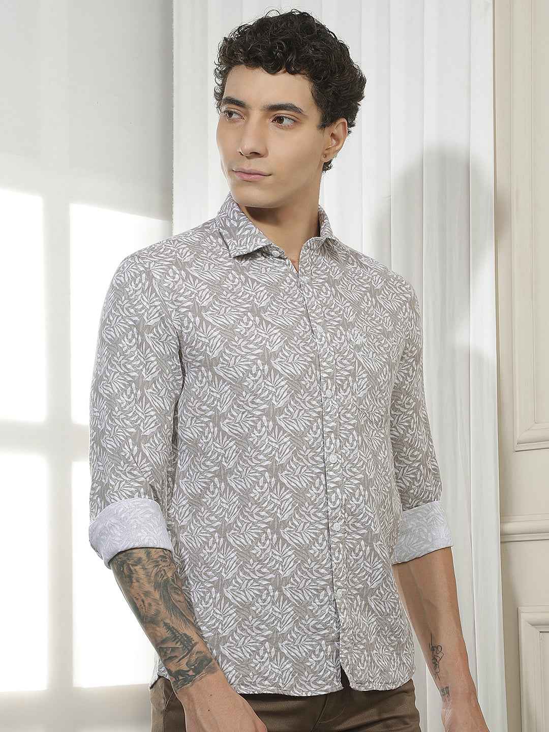 Tan Botanical Print 100% Cotton Shirt