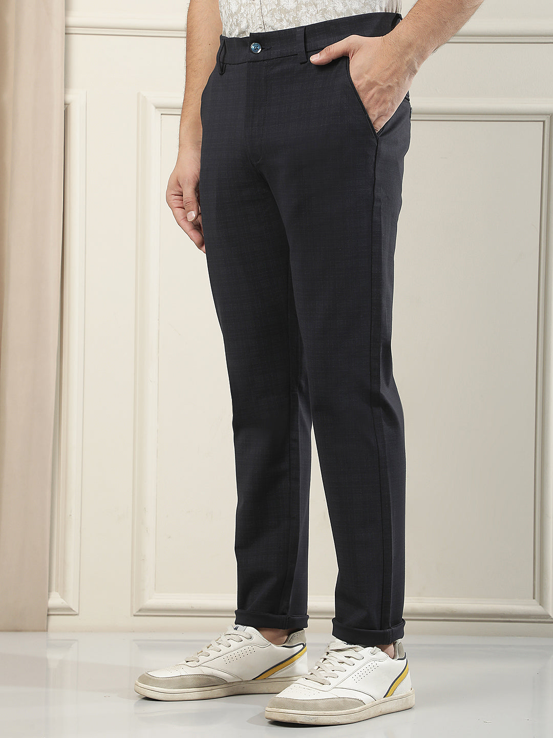 Navy Blue Checked Knitted Trousers