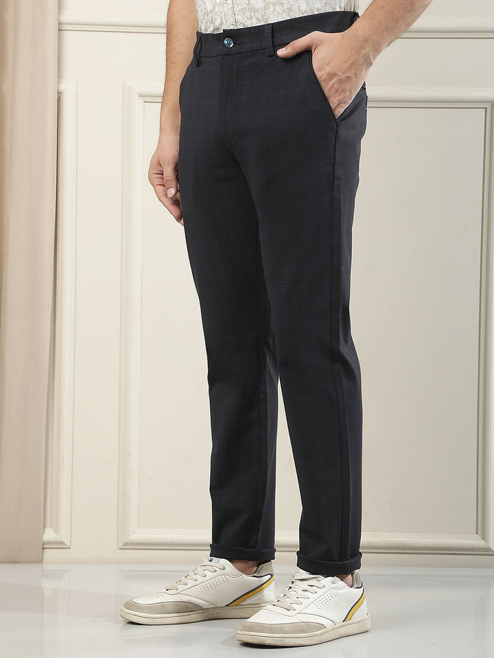 Navy Blue Checked Knitted Trousers