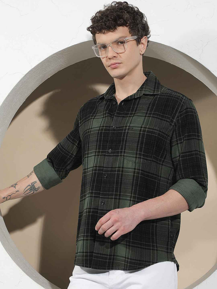 Green 100% Cotton Corduroy Checked Shirt