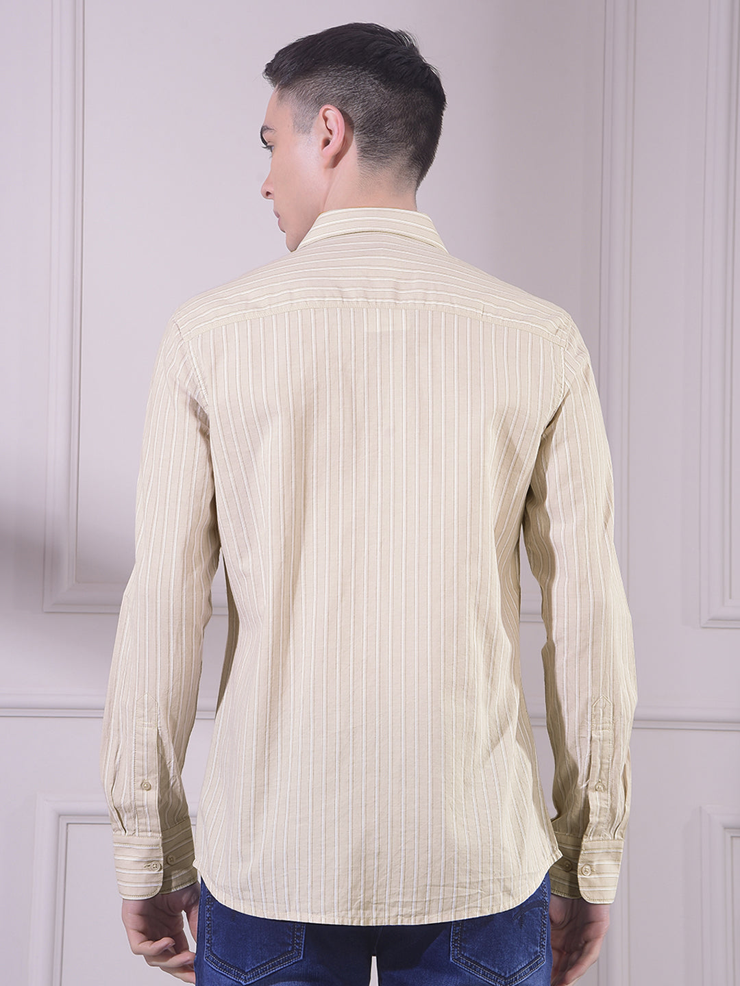 Beige 100% Cotton Vertical Stripes Shirt