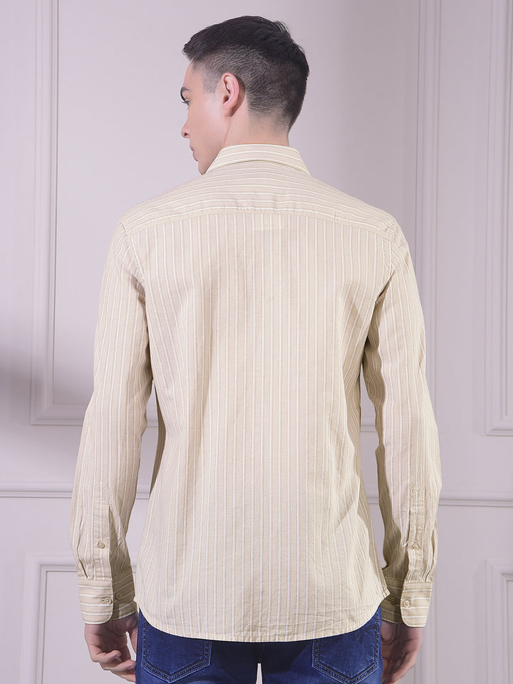 Beige 100% Cotton Vertical Stripes Shirt