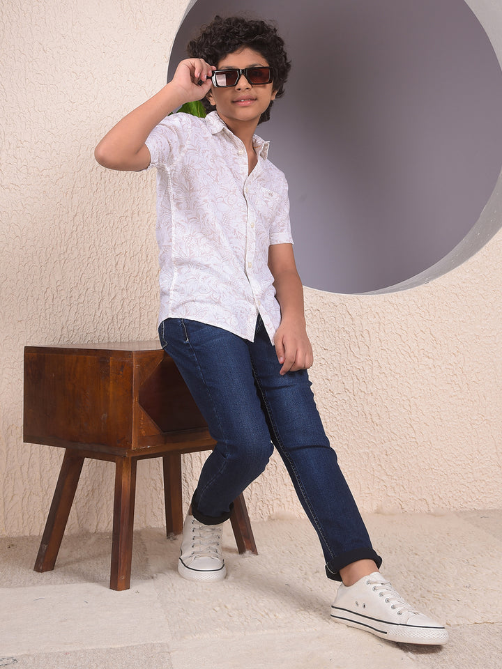Beige Floral Print Linen Shirt