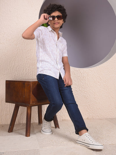 Beige Floral Print Linen Shirt