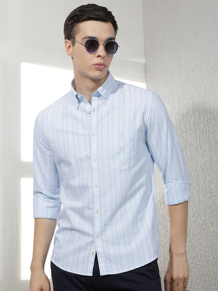 Blue Vertical Stripes 100% Cotton Shirt-Men Shirts-Crimsoune Club
