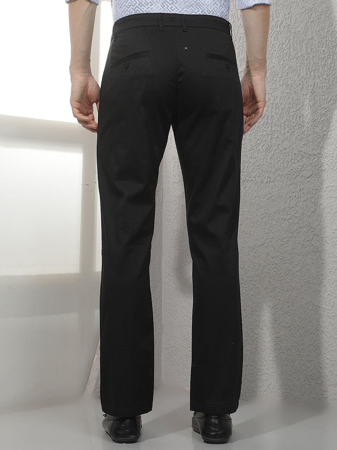 Black Textured Straight Trousers