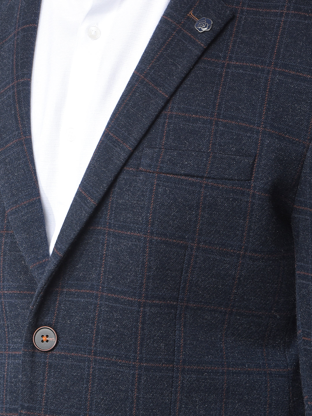 Navy Blue Checked Notched Lapel Single-Breasted Blazer