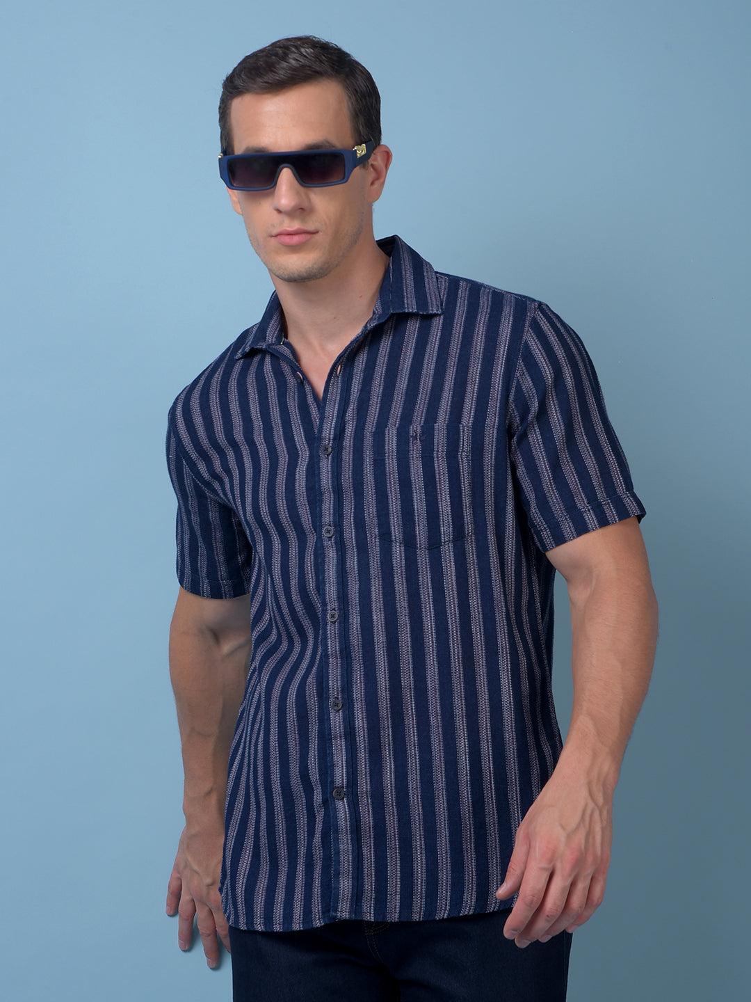 Navy Blue Vertical Stripes 100% Cotton Shirt