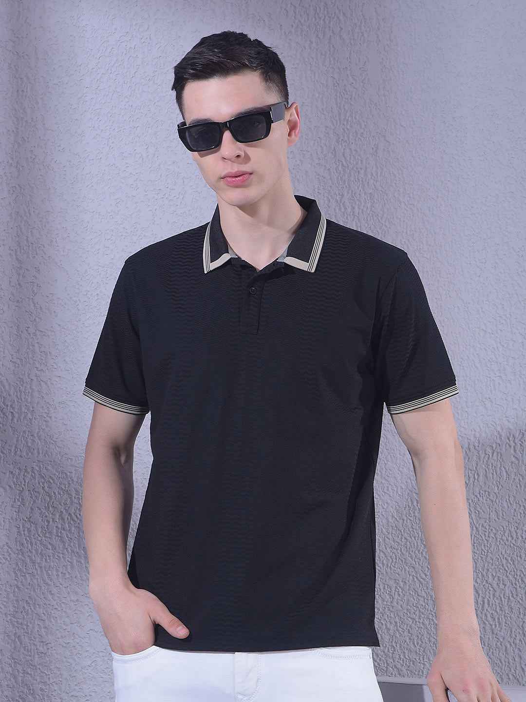 Black Jacquard Polo Neck T-Shirt
