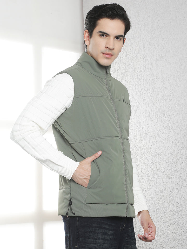 Olive High Neck Sleeveless Puffer Jacket