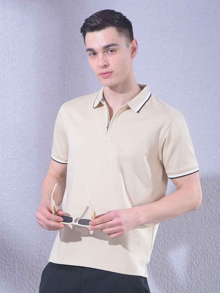 Beige Polo Neck T-Shirt with Zip Closure