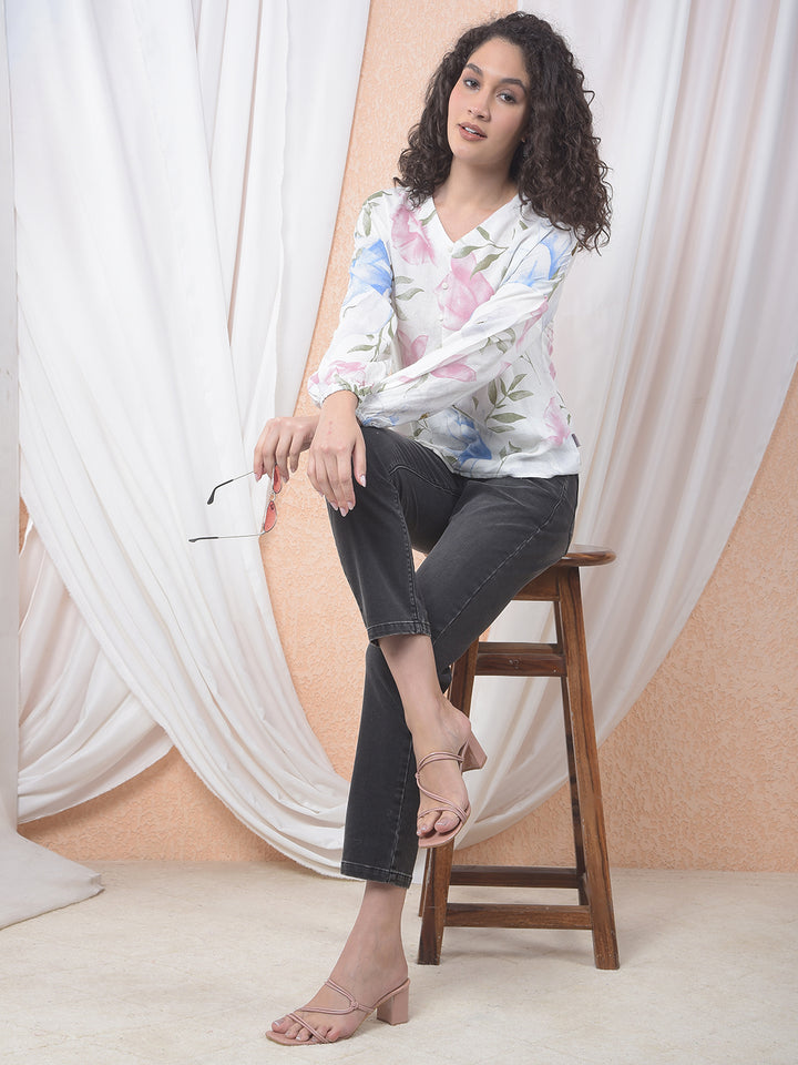 Printed Linen V-Neck Green Shirt