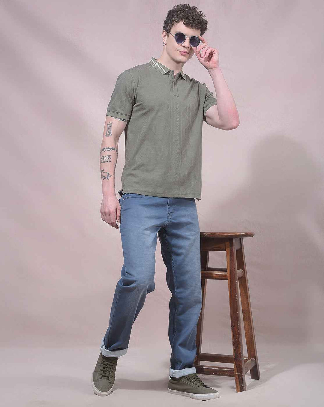 Olive Jacquard Polo Neck T-Shirt