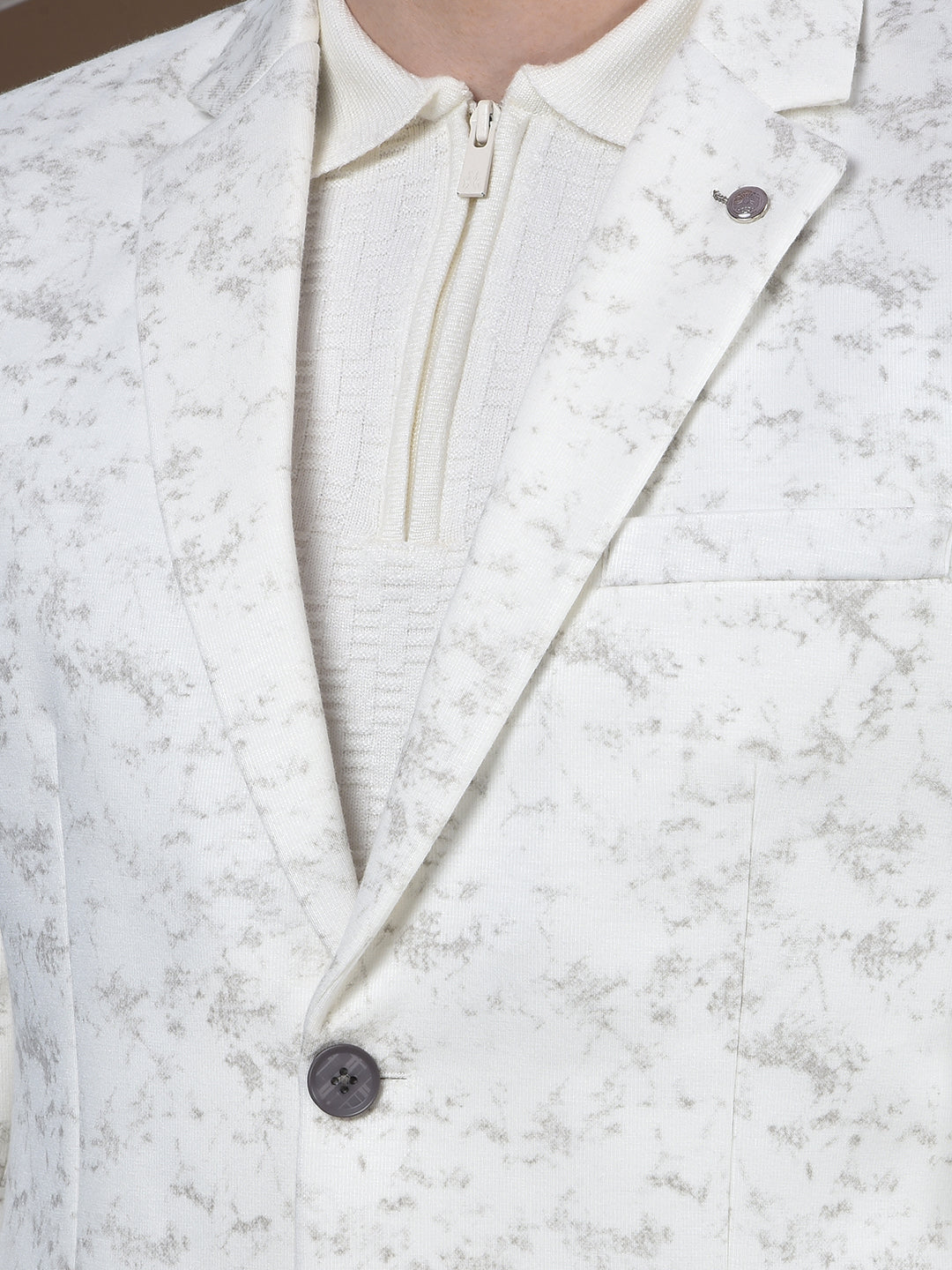 Off White Printed Notched Lapel Single-Breasted Blazer