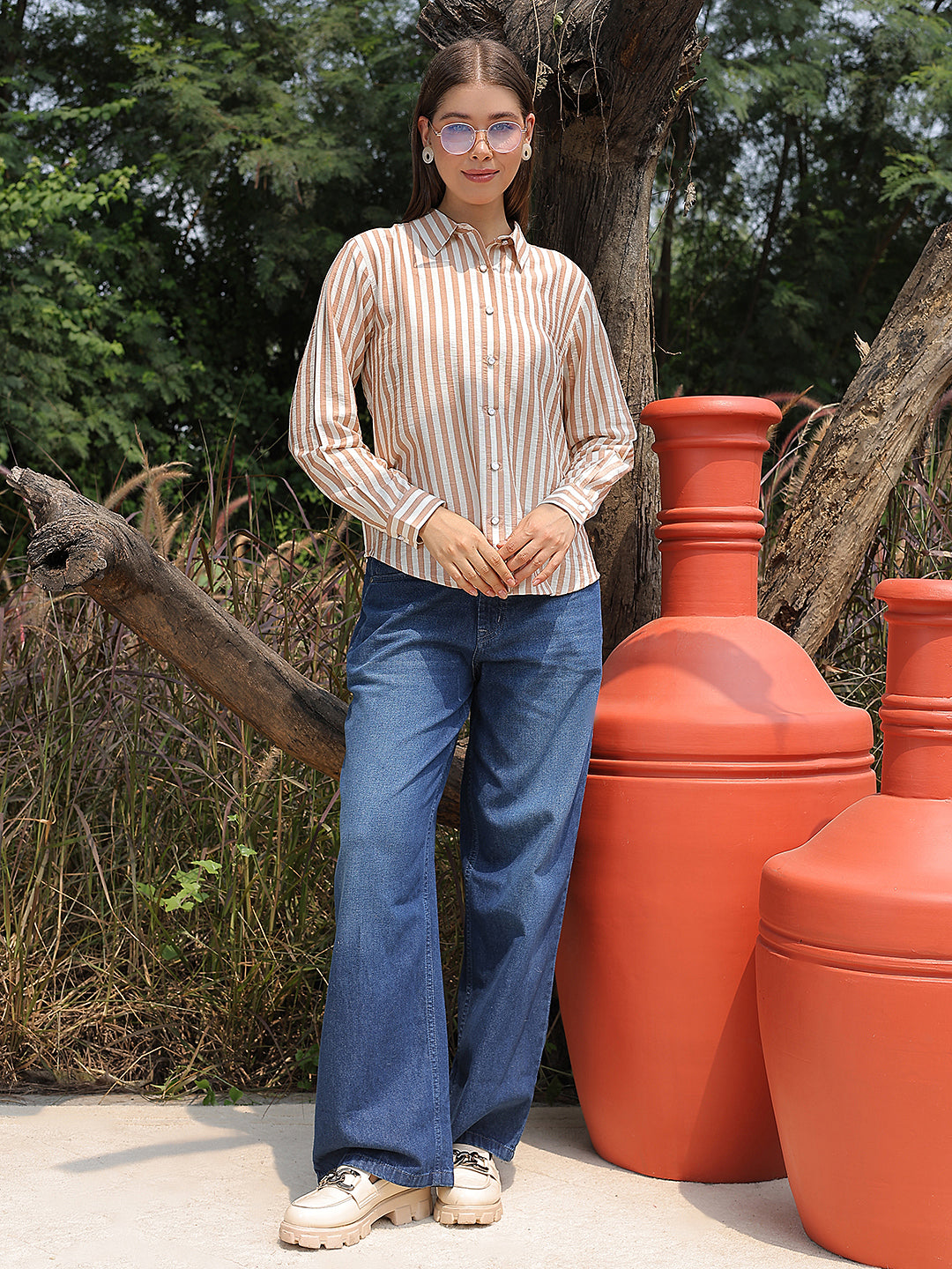 Minimalist Warm Brown Striped Shirt