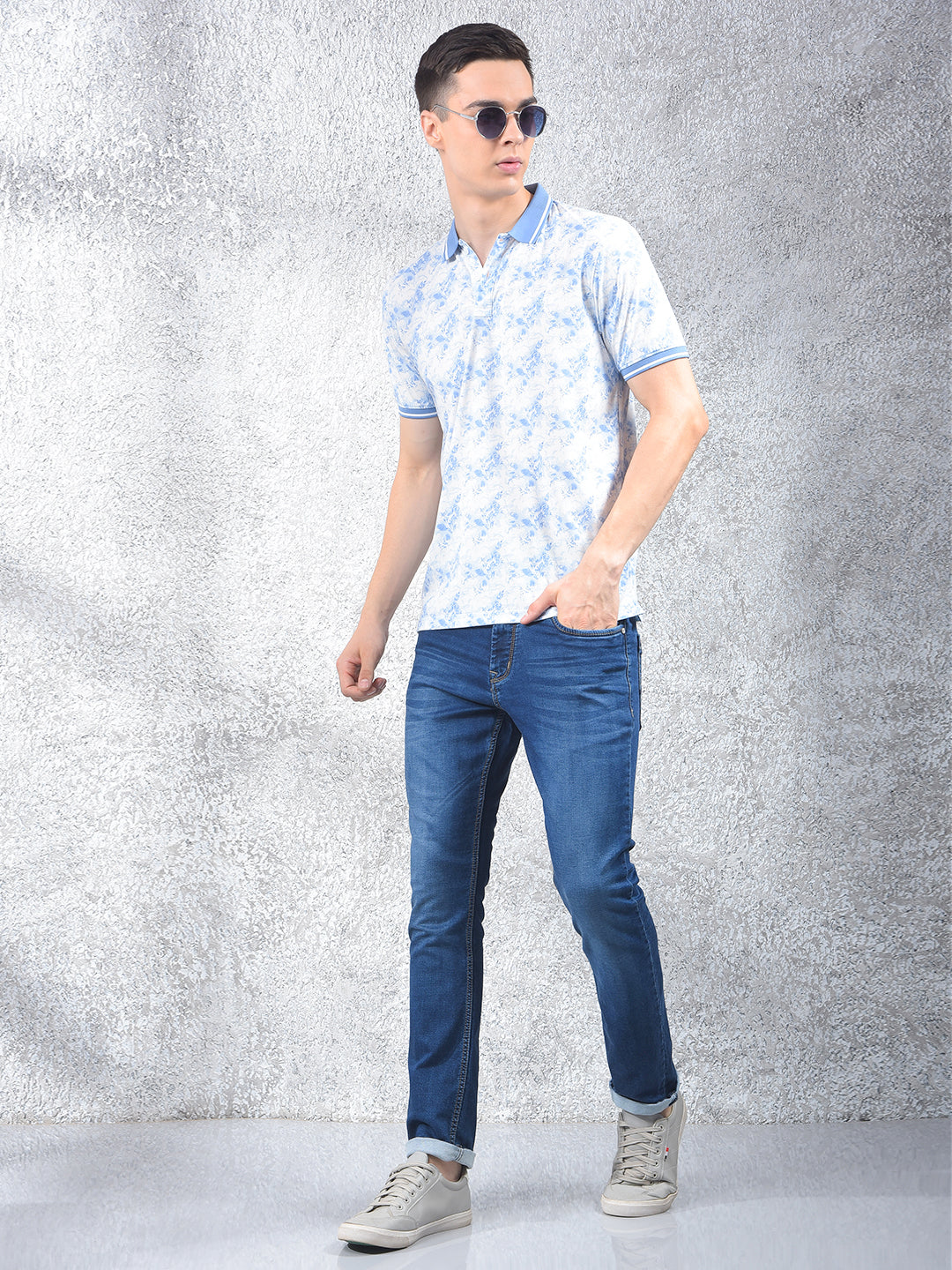 Blue Floral Print Polo Neck T-Shirt